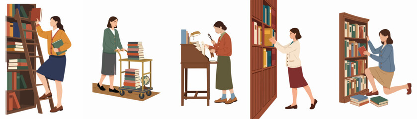 Flat Vector Illustration Set of Women Librarians and Archivists Working with Books, Shelving, and Researching in a Library Setting © Rolas