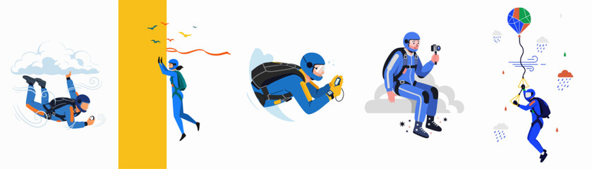 Collection of vector illustrations featuring skydivers in various poses, including freefalling, jumping from a plane, checking an altimeter, and filming with a camera. © Rolas