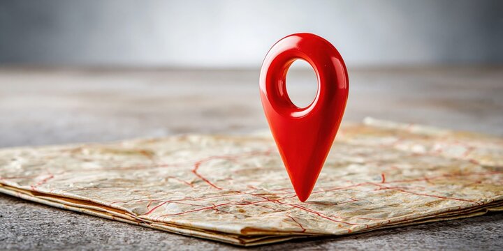 Red map pin marker placed on a folded vintage paper map with shallow depth of field