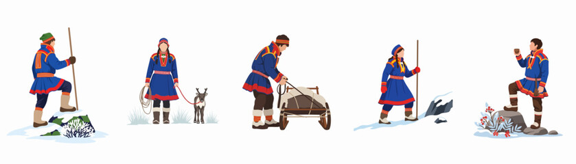 Vector illustration set of Sami people in traditional Gákti clothing engaged in various winter activities like reindeer herding and sledding. © Rolas