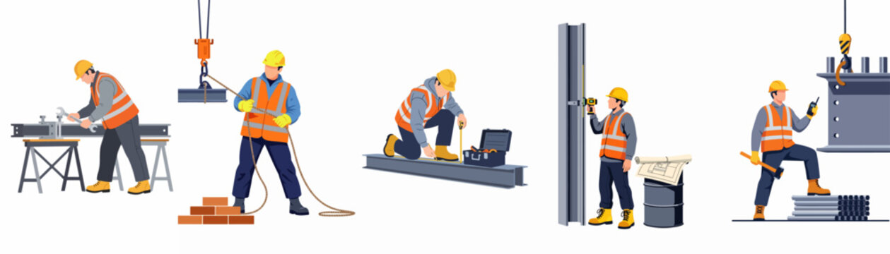 Collection of flat vector illustrations depicting professional construction workers performing various industrial tasks including measuring, lifting, and assembly on a white background.