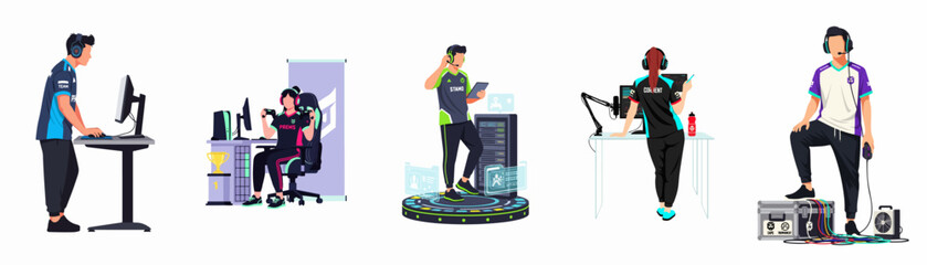 Flat vector illustration of professional esports players, commentators, and support staff isolated on white background, highlighting competitive gaming culture. © Rolas