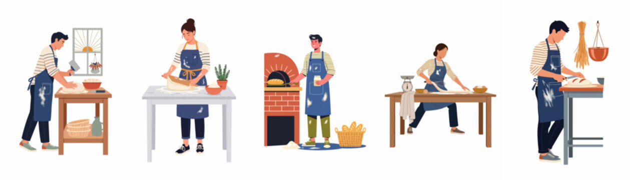 Set of professional bakers kneading dough, baking fresh bread in a brick oven, and slicing loaves, flat vector illustration isolated on white.