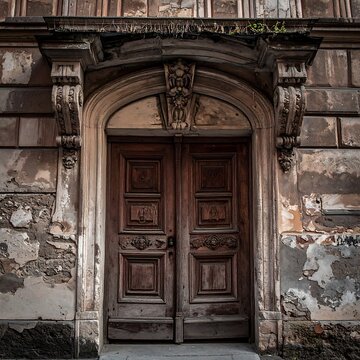 Ornate, aged wooden door framed by weathered stone, intricate carvings adorn the lintel, evoking a sense of history