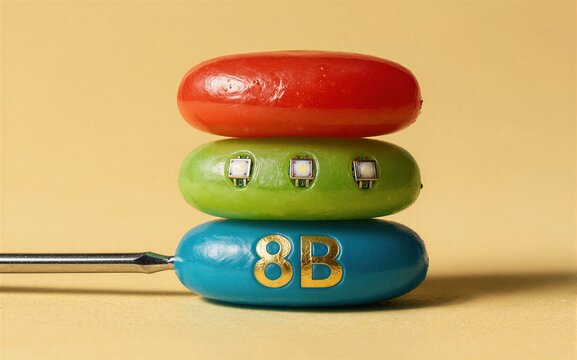 Stacked colorful jellybeans with LED lights and "8B" branding
