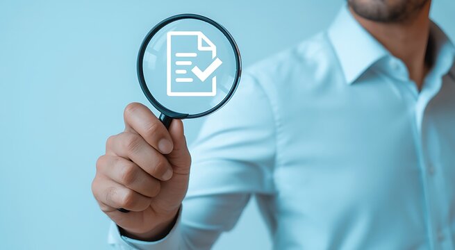 Businessman inspecting document with magnifying glass, close-up
