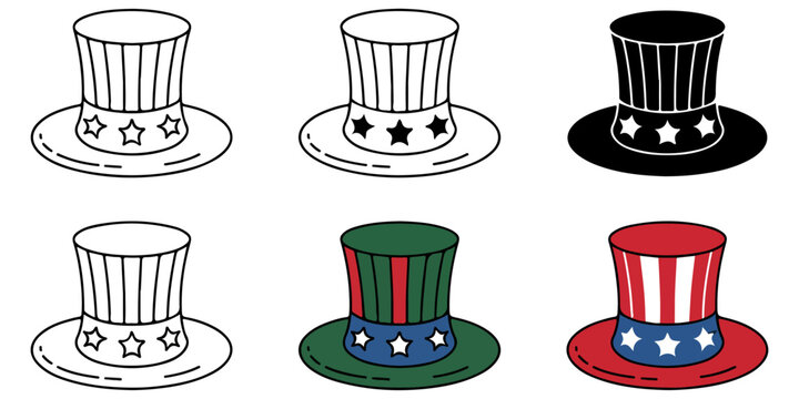 Uncle Sam hat icon set in outline silhouette and colored styles patriotic USA Independence Day