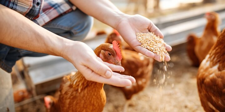 Farmer feeding chickens with grain from hands in an outdoor pen