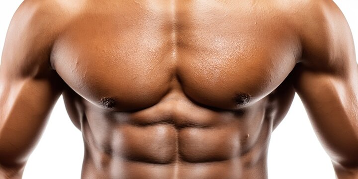 Close-up of a heavily muscled Latino male torso with defined abs and chest