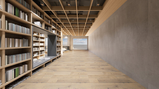 3D rendering of library interior background with wooden bookshelves and polished wood floor in perspective view. Natural light from windows combines with soft downlighting. Ideal for learning visuals.