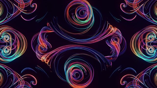 Swirling, colorful light trails create an ornate and abstract geometric symmetrical pattern