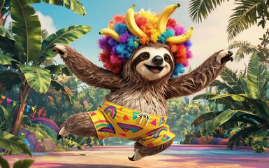 Obraz premium Sloth in rainbow wig and shorts jumps joyfully in tropical jungle