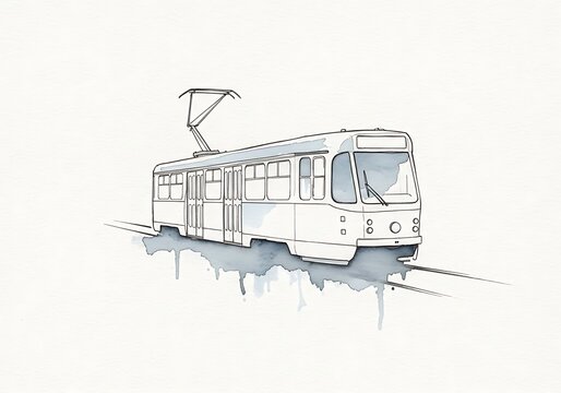 A sleek tram moves along the tracks in a modern cityscape scene.