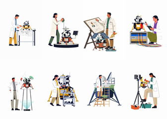 Flat vector illustration of diverse scientists and engineers designing, building, and testing advanced space exploration equipment and lunar landers in a professional lab. © Pitu