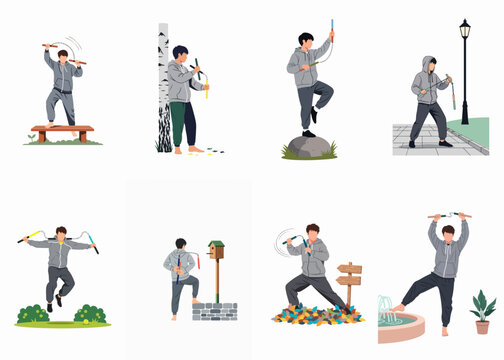 Collection of flat illustrations showing a young man practicing martial arts with nunchaku in various outdoor environments like parks and gardens.