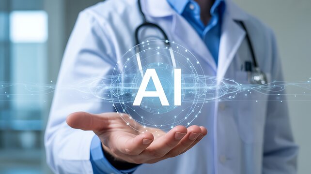Doctor in white coat presenting artificial intelligence concept