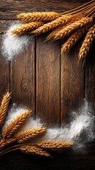 Naklejka premium Golden wheat ears scattered with flour on rustic wooden background