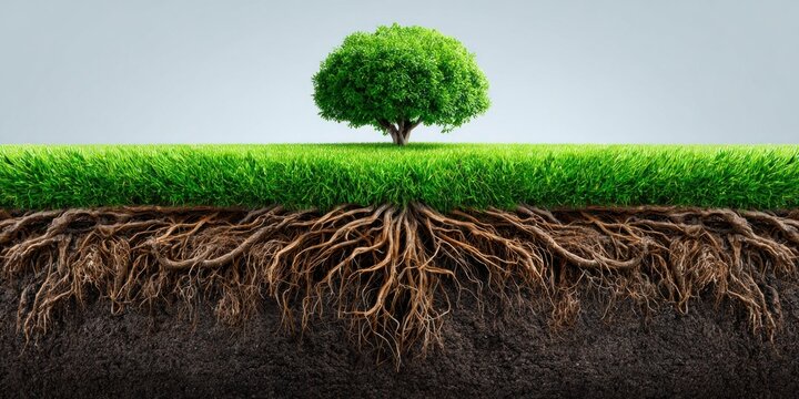 Cross section of lush green grass and a healthy tree with extensive root system in soil