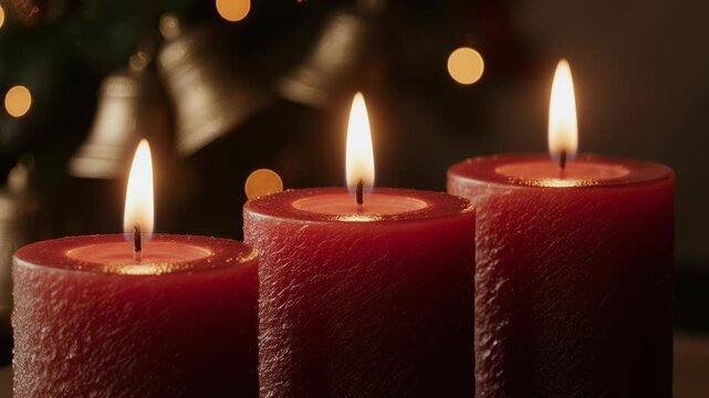 Three red advent candles burning with warm bokeh lights on Christmas background festive holiday scene