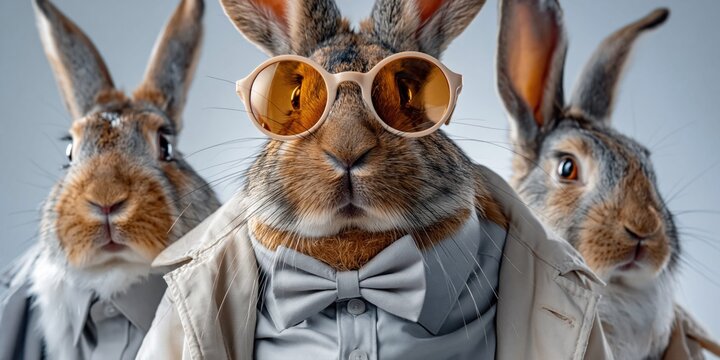 Three stylish rabbits wearing suits and sunglasses, ready for a night out