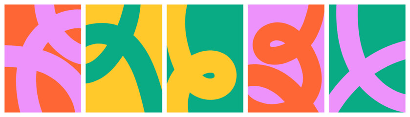 A bright colorful modern set of vertical patterns, backgrounds or posters with looped wavy thick lines in violet, red, yellow and green colors  simple hand-drawn vector illustration in a flat style © Мария Кривецкая