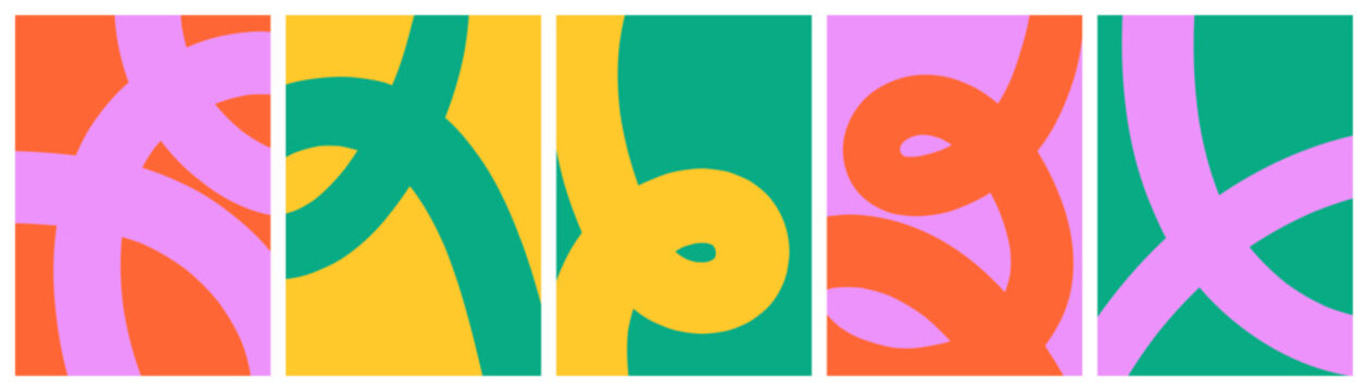 A bright colorful modern set of vertical patterns, backgrounds or posters with looped wavy thick lines in violet, red, yellow and green colors; simple hand-drawn vector illustration in a flat style