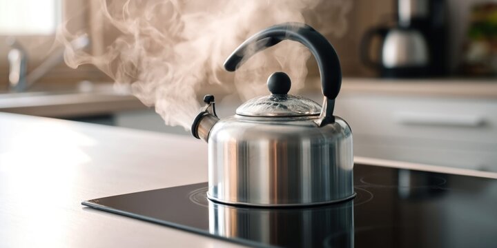 Steaming kettle on a modern induction stovetop in a bright kitchen