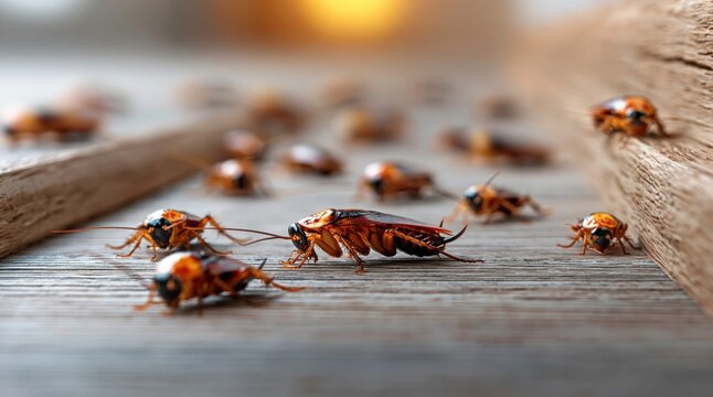 A group of cockroaches scurrying across a wooden surface in close-up detail