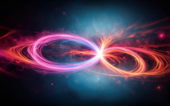 Vibrant infinity symbol swirls with cosmic energy blending fiery hues