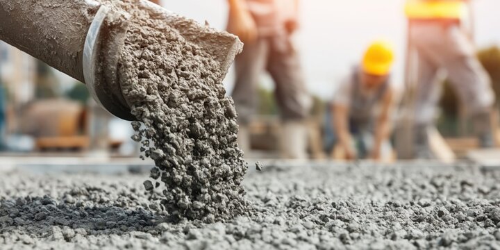 Construction workers pour wet concrete onto the ground from a chute on a sunny day