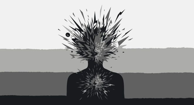 Person with exploding head mental health and stress concept