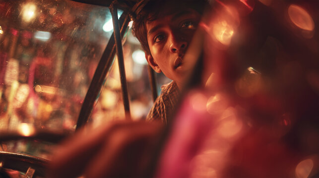 Teenager peers curiously from rickshaw as shop lights shimmer in glass at night