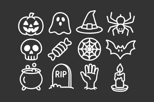 Collection of white line art Halloween icons on a dark background, perfect for festive design and decoration