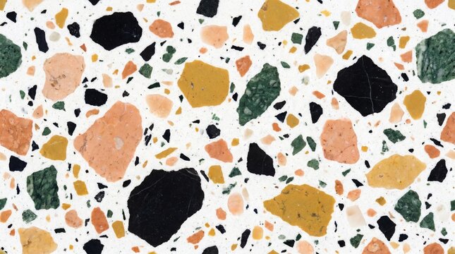 Seamless terrazzo pattern with colorful stone fragments on white background