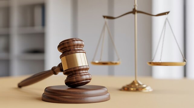 Wooden judge gavel and golden scales of justice on desk in law office with soft natural lighting
