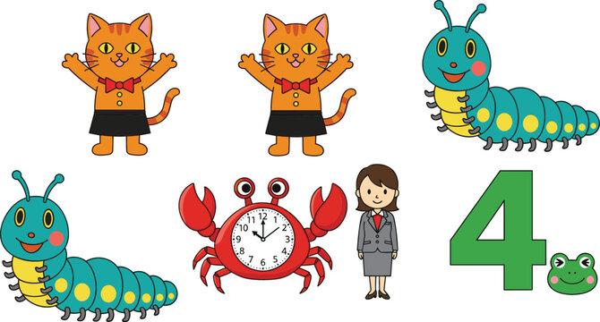 Cartoon cats, caterpillars, crab clock and number four illustration set, kids learning and playful characters vector collection design