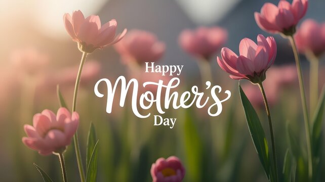 Greeting card design with soft blurred spring flowers in the background and warm natural light. Semi-realistic scene with elegant &ldquo;HAPPY MOTHER&rsquo;S DAY&rdquo; typography in a minimal floral aesthetic.