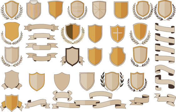 Set of Heraldic Shields and Ribbons Isolated on Transparent Background, Vintage Badge Collection, Classic Crest Elements, Laurel Wreaths, Banner Scroll Designs for Emblem Creation