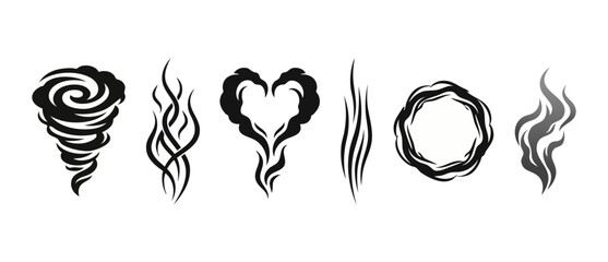 Fototapeta premium Smoke and Steam Icons Set, Abstract Black Silhouette Elements for Graphic Design, Tornado Twister and Heart Shape Vapour Trails, Vector Style Decorative Wavy Curves isolated on White Background collec