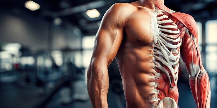 Anatomical illustration of a muscular male torso showing muscles and skeletal structure