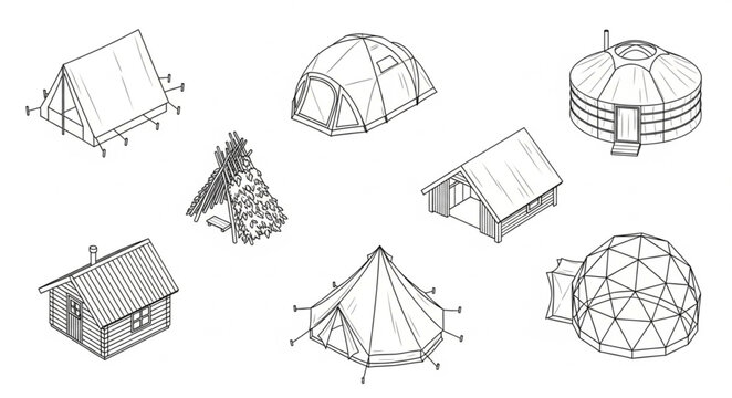 Collection of various shelter types and structures for camping and living.