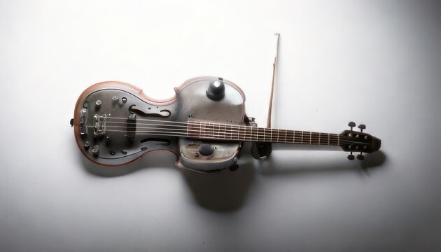 Unique Resonator Guitar with Violin Bow on White Background.