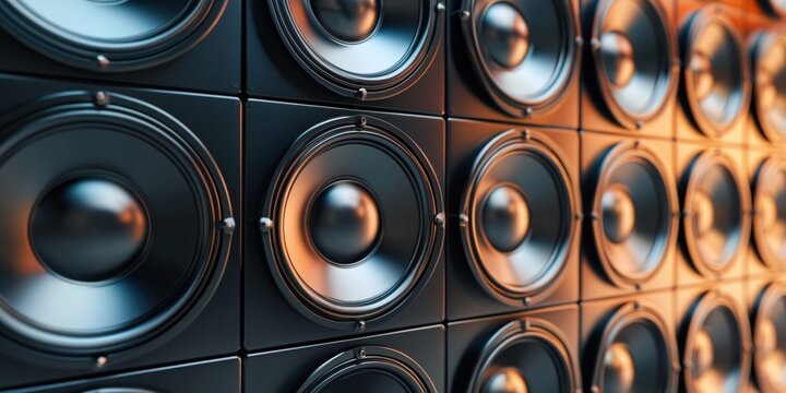 Wall of multiple black audio speakers and large subwoofers with warm lighting