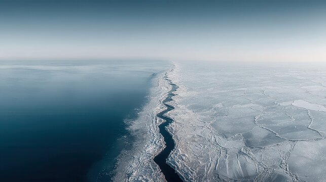 Aerial view of a jagged crack dividing frozen sea ice from dark blue ocean water