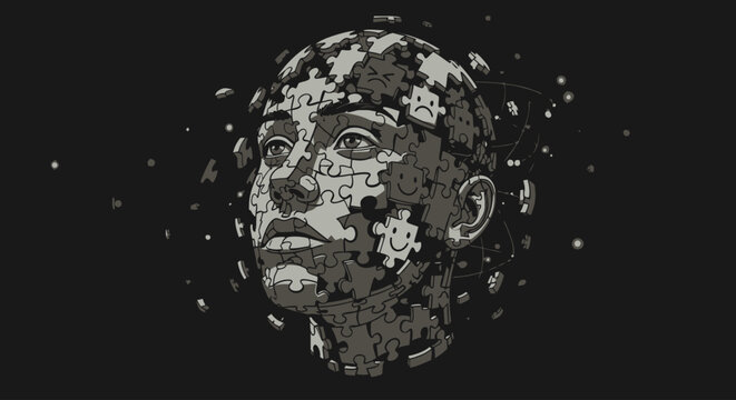 Disintegrating human face puzzle pieces falling apart