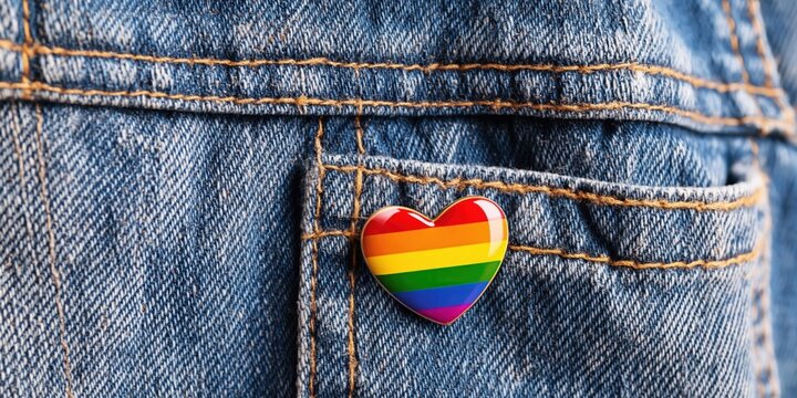Rainbow heart pin proudly displayed on the pocket of a classic denim jacket