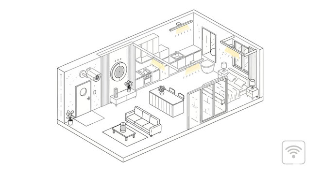 Isometric line art of a smart home interior with automation and security features