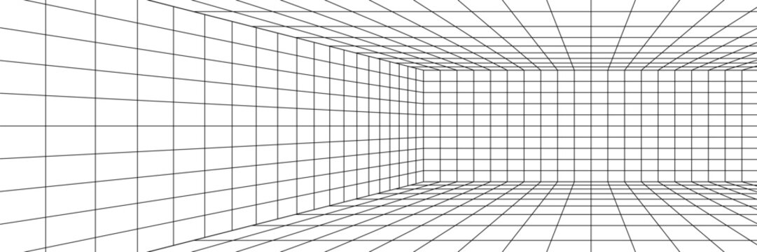 Perspective grid background 3d Vector illustration. Interior design Model projection background template. Line one point perspective