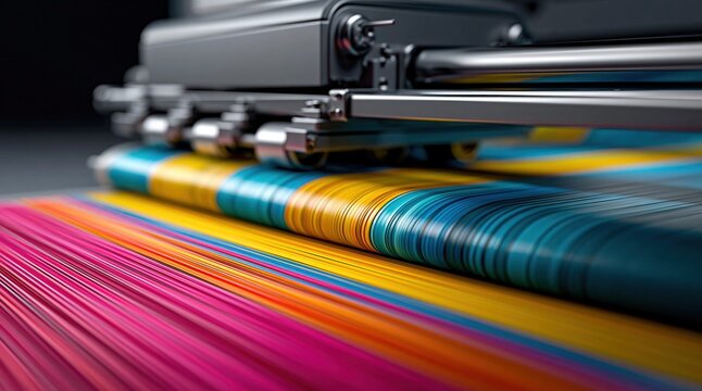 Close-up of a high-speed printing press producing vibrant, colorful paper rolls