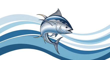 Fototapeta premium Blue Tuna Fish Jumping Over Stylized Ocean Waves